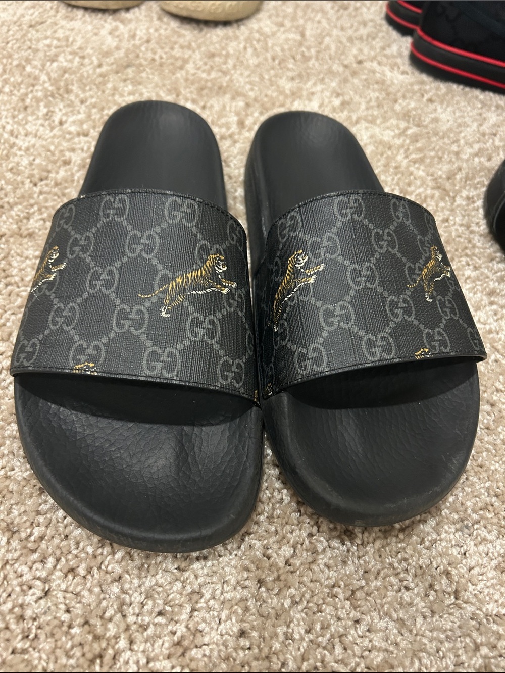 Gucci Black Slide Sandals with Gold Tiger Motif